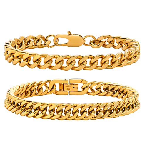 Gamtic 2Pcs Bracelet Homme Gourmette - Chaîne Bracelet Cubaine en Acier Inoxydable, Argent/Or/Noir, 19cm/21cm/23cm, Bijoux Homme Cadeau pour Garçon Femme...