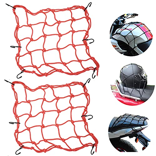2 Pack Motorcycle Cargo Net, 15.7X15.7” Made Of Rubber Heavy Duty Bungee Net Stretches To 31.5X31.5, Gear Helmet Luggage Thicken Netting With 6 Adjustable Iron Hooks For Motorcycle, Bike, Atv(Red) #TOP4