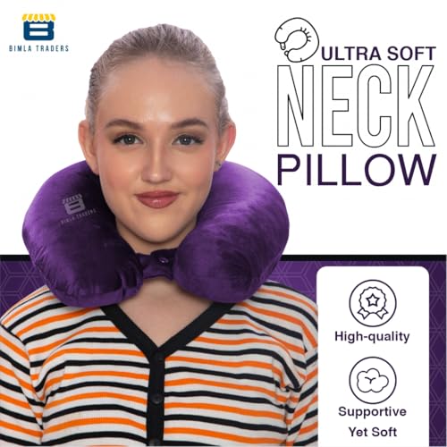 Image of CRAE Travel Neck Pillow for Men & Women | Soft Fibre Cushion for Flight, Car & Train | Soft Velvet Fabric with Attachable Snap Strap | Cervical Support for Neck Pain Relief.Pack of 1(Purple)