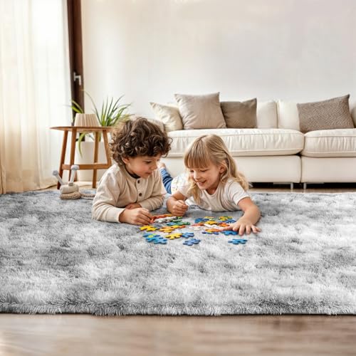 3x5 Tie Dyed Grey Small Throw Rug for Entryway Non Slip, Mini Fluffy Grey Rugs for Bedroom, Plush Furry Cozy Front Entrance Indoor Floor Carpet Home Decor Aesthetic Nursery