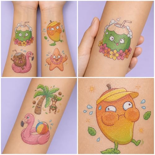 Image of 96 PCS Funny Summer Temporary Tattoos for Kids | Cute Tropical Beach Waterproof Fake Tattoo Stickers, Silly Vacation Birthday Party Favors, Rewards Gifts for Boys Girls