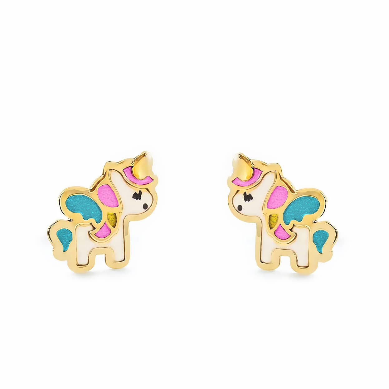 Monde Petit Pendientes Oro Niña Unicornio Esmaltado (9kts) - Estuche Regalo - Certificado de Garantía - Mondepetit