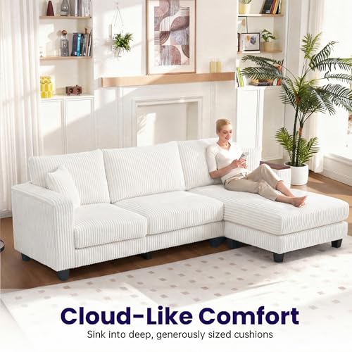 Image of 114 inch Cloud Sectional Couch with L-Shape Reversible Chaise, Modern Corduroy L Shaped Couch with 2 Pillows & Storage Armrests, 4 Seater Sectional Couches for Living Room, Plush Corduroy, White