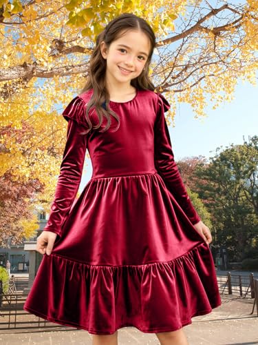 Girls Christmas Dress Velvet Fall Winter Ruffled Crew Neck Long Sleeve A-line Party Outfits Dresses3