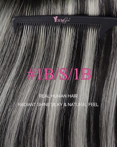 Image of YoungSee Balayage Tape Hair Extensions Real Human Hair Black Tape in Hair Extensions Ombre Black to Silver Lightweight Hair Extension Tape for Women Silky Straight Hair 18 Inch 50g 20pcs