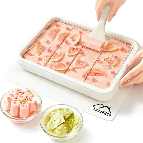 LzzzFZCF Rolled Ice Cream Maker - 304 Stainless Steel Cool Plate with 2 Spatulas and Lid, Instant DIY Ice Cream Roller Tray for Family Fun (White)