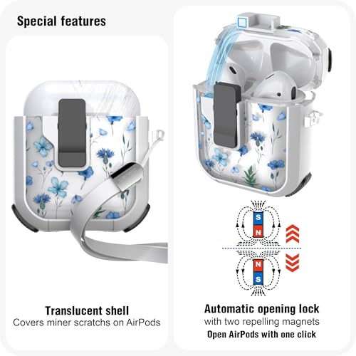 Image of WENEW Case for AirPods 1 & 2 Case Cover Secure Lock Automatic Snap Switch Clip Cleaner Kit Lanyard Women Stylish Flower Armour Hard Shell Full Body (Blue, AirPods 1st & 2nd)