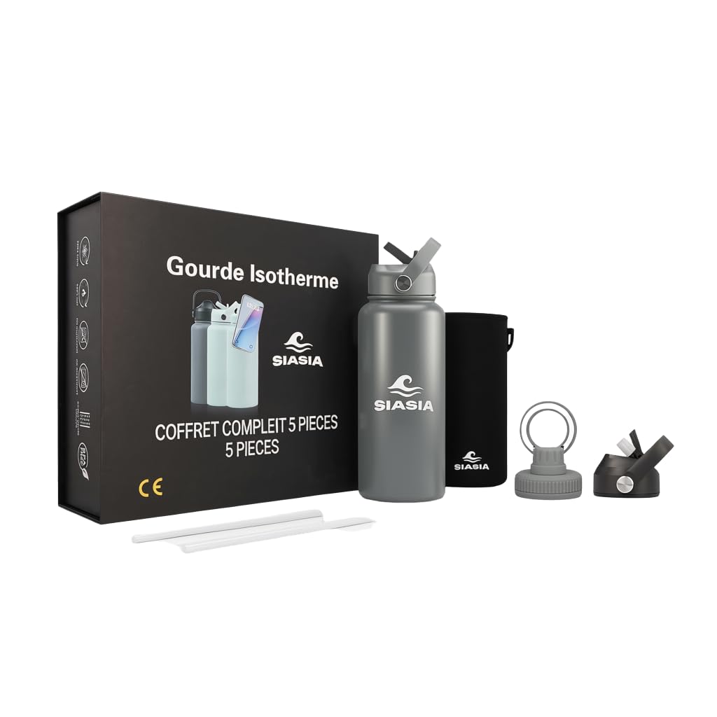Siasia - Botella térmica térmica térmica de 1 L, de acero inoxidable, 3 tapones intercambiables, imán para teléfono, pipeta deportiva y apertura grande, bolsa incluida, ideal para deportes, oficina y