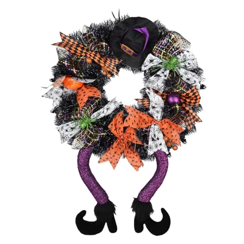 Ykgutilu Halloween Wreaths for Front Door Halloween Front Door Wreath with Hat Witches Legs Pumpkin Halloween Decorations for Door Porch Window Indoor and Outdoor Decor