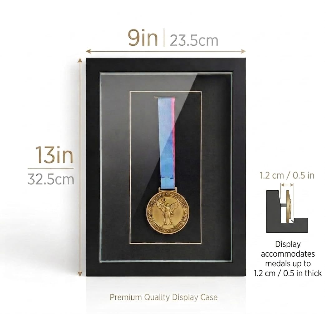 Cadre pour médaille 9x13 inch, Noir, façade en Verre | Présente une médaille dans un cadre sobre avec façade en verre, à poser ou à accrocher