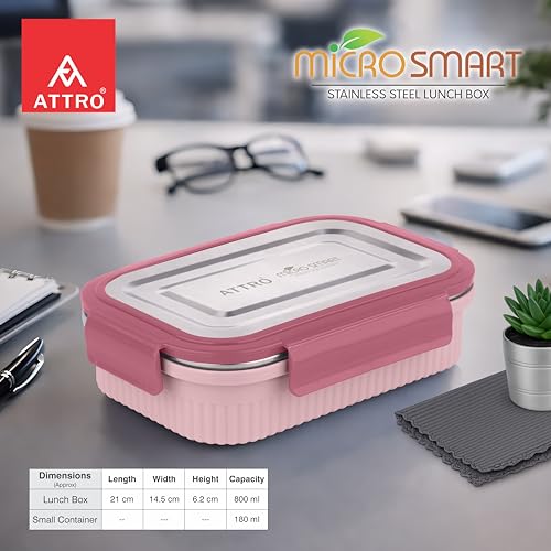 Image of ATTRO Micro Smart Stainless Steel Lunch Box with Inner Steel Body, Microwave Safe Without Lid, Airtight Leakproof with Small Container for Office, School Kids & Outdoor Use - 800ml+180ml-Peach