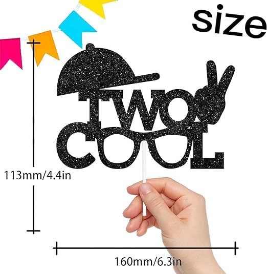 Image of Two Cool Cake Topper | 2nd Birthday Party Black Glitter | Second Birthday Photo Props | Party Decoration Supplies | Smash Cake Decoration | Sunglasses Shape