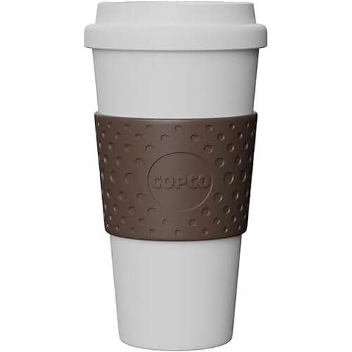 Copco Acadia 16 oz Reusable To-Go Travel Mug - BPA-Free Insulated Coffee Cup with Double-Wall Insulation, Spill-Proof Lid & Non-Slip Rubber Grip - Microwave & Dishwasher Safe (White/Brown)