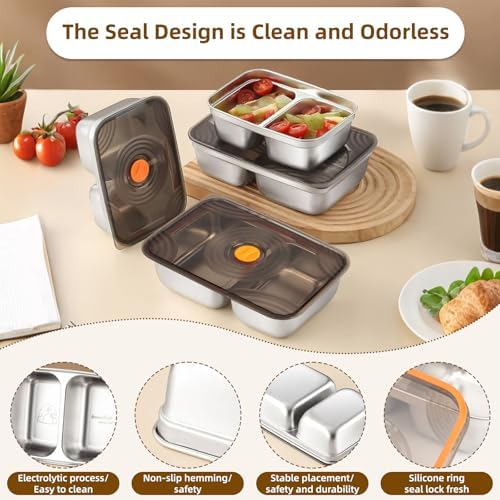 2 Pack Stainless Steel food storage containers(30oz) leak proof & airtight lids for Kitchen,Dual Compartment,freezer and microwave Containers For Meal Prep, Freezer, Leftovers - Thumbnail 4