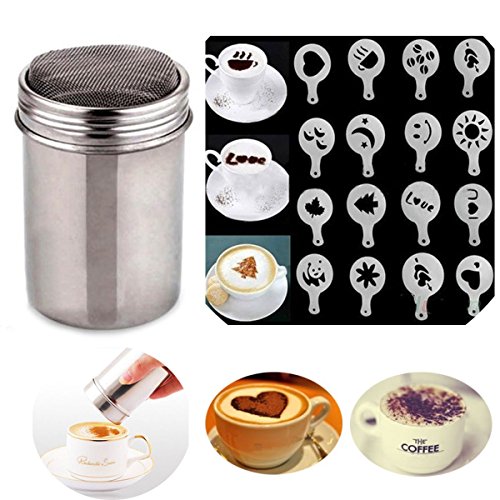 Buytra Stainless Steel Coffee Shaker Duster Icing Sugar Powder Cocoa Flour Sifter with 16 Pieces Cappuccino Barista Coffee Art Stencils