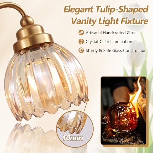 Image of Vintage Bathroom Light Fixtures, 3 Light Gold Bathroom Vanity Light, Matte Antique Brass Finish with Amber Crystal Glass Shade, Wall Sconces Lighting for Bedroom, Living Room（Amber-colored Glass）