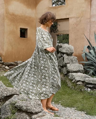 Image of Casual Summer Dresses for Women Deep V Puff Sleeve Boho Midi Floral Dress