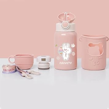 Childrens Water Bottle, Straw Cup, Thermos Flask, 3-Way Direct Drinking with Cover, DIY Sticker, Cute, Kids Bottle, Heat Retention, Cold Retention, Vacuum Insulated, Stainless Steel Bottle, Portable, Convenient, Easy to Clean, Pink