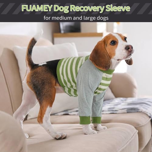 Image of FUAMEY Dog Recovery Sleeve with Elbow Protector,Dogs Shirt Stop Licking Joints,Pet Long Sleeve Suit Protecting Dog's Front Leg Arm Wounds Cover Skin Conditions Green Stripes S