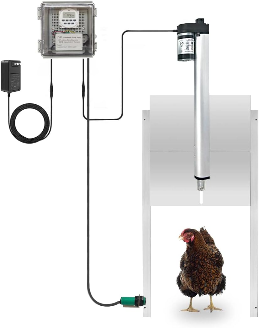JVR Automatic Chicken Coop Door Opener with Timer, Programmable, Aluminum Coops Doors, Electric Run Automatic Chicken Door Auto Opener, Actuator Motor, Safety Feature