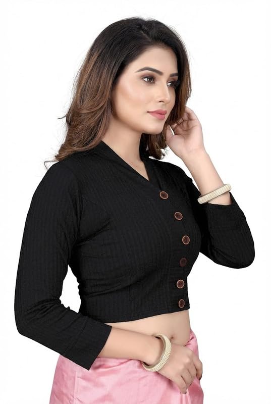 Women Full Sleeve Cotton Blend Front Button V-Neck Stretchable Readymade Blouse-image-16