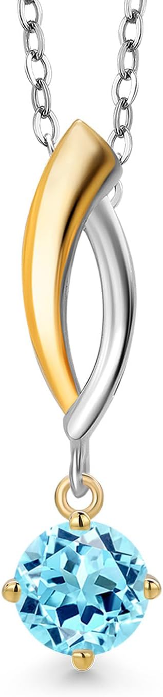 Gem Stone King 925 Silver and 10K Yellow Gold Blue Apatite Pendant Necklace for Women | 0.50 Cttw | Gemstone Birthstone | Round 5MM | With 18 Inch Silver Chain