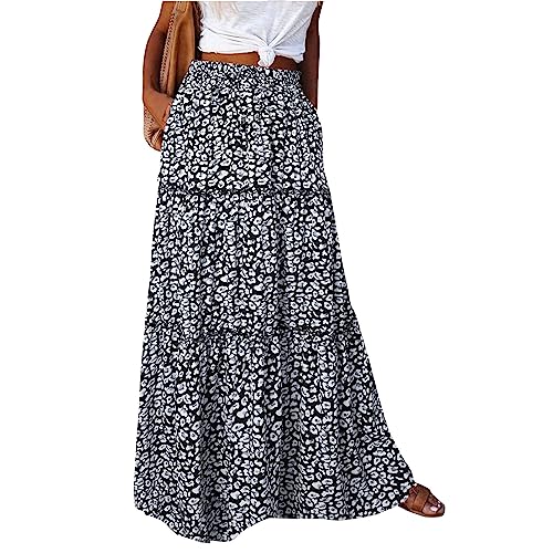 Womens Floral Print Boho Maxi Skirt Casual Elastic High Waist Pleated Ruffle Flowy Beach Long Maxi Skirts with Pockets