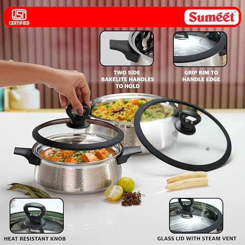 Image of Sumeet ISI Certified Stainless Steel Cook & Serve Designer Shallow Biryani Pot /Casserole with Glass Lid |Induction, Gas Compatible | Set of 2 Pc - Capacity - 2300 & 3500ml -Dia - 21 & 25cm, Silver