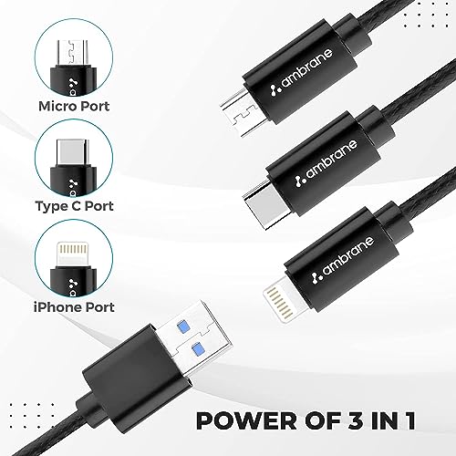 Ambrane Unbreakable 3 in 1 USB Fast Charging USB Cable with Type C, Lightning, Micro USB Port with 2.1 A, Compatible with iPhone, iPad, Samsung, OnePlus, Mi, Oppo, Vivo, Xiaomi, 1.25M (Trio-11, Black)