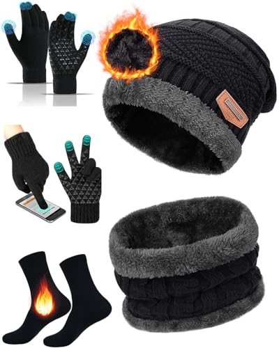 FANBOLD Gorro Invierno Bufanda y Guantes Tactiles y Calcetines Termica,Gorros Frio Tejido de Punto y Bufandas Forro de Lana para Hombre y Mujer,Regalos Invierno para Nieve...