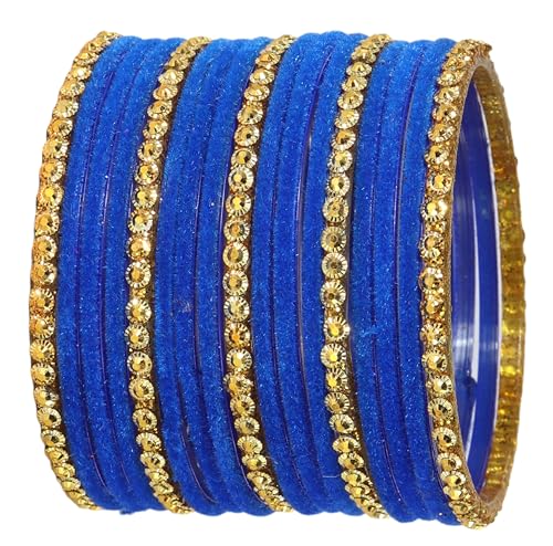Image of NMII Premium Glass & Golden Beads Velvet Bangle Set For Women and Girls | Velvet Chudi | Traditional Chudi Set | Designer Girl's Bangles Bracelet | Wedding, Party, Festive, Daily- Set of 34