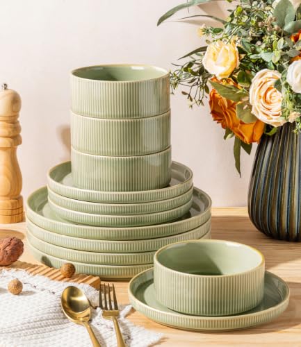 Image of Ceramic Dinnerware Set for 4, 12-Piece Plates and Bowls Set | Lightweight Porcelain Dish Set, Scratch Resistant, Oven & Microwave & Dishwasher Safe, Duck Egg Green