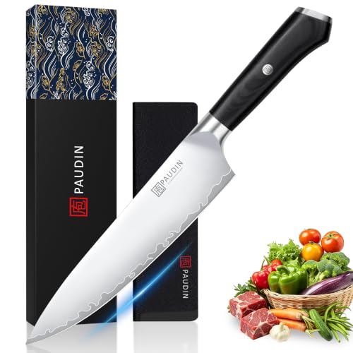 PAUDIN Chef Knife 8 Inch, Ultra Sharp Kitchen Knives 62 HRC, Multi-Layer Damascus Steel Professional...