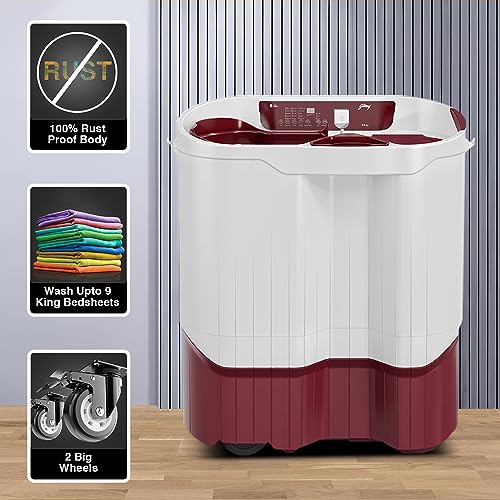 Image of Godrej 9 Kg 5 Star Semi-Automatic Top Load Washing Machine Appliance, More Than 99.99% Disinfection Against Viruses (WSEDGE DIGI 90 5.0 PB2 M WNRD, Wine Red)