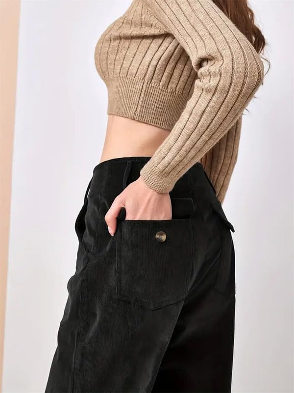 Generisch Damen-Hose mit hohem Bund vielseitig einsetzbar schlankmachende Cordhose mit weitem Bein Trendige Freizeithose