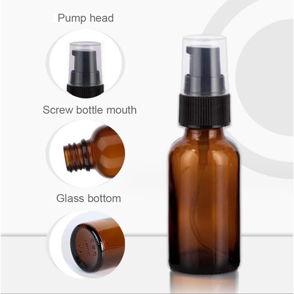 6PCS 15ml/0.5oz Amber Glass Lotion Pump Bottles Empty Refillable Cosmetic Makeup Travel Size Pump Dispenser Container Jars for Lotion Cream Essential Oils Toiletries - Image 3