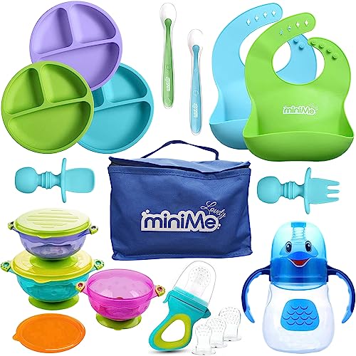 Image of Lovely Minime Baby Feeding Set, Silicone Suction Plates Bibs Spoons, Toddler Eating Utensils, Dish Supplies, Suction Bowls, Sippy Cup, Food Feeder