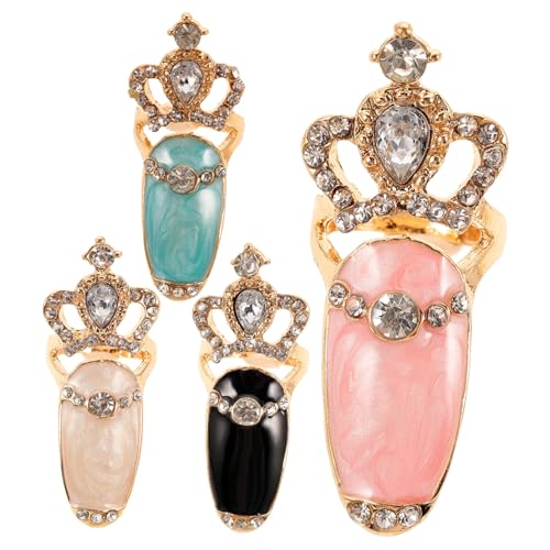 CIYODO 4個 水晶ラインストーンネイルリング 入り レディース指輪 美甲尾戒 キラキラ王冠デザイン 耐久合製 おしゃれアクセサリー にも