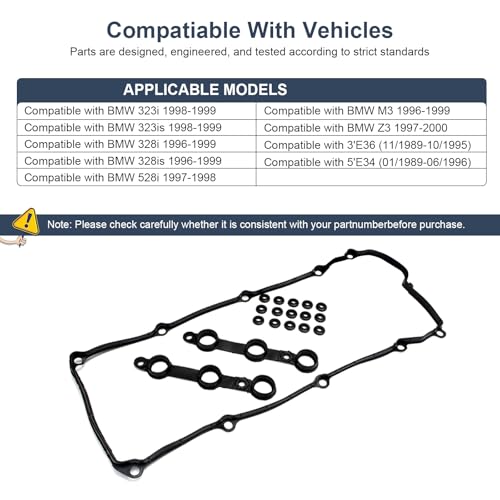 Image of 11121703342 Valve Cover Gasket Set Fits for 1996-1998 BMW 323i 328i 328is 528i M3