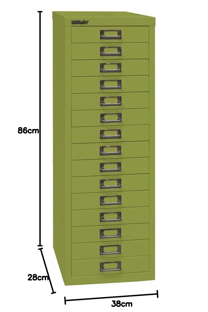 Bisley Multidrawer Schubladenschrank aus Metall mit 15 Schubladen DIN A4 ohne Sockel - Farbe: Grün