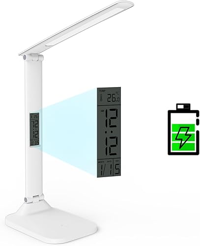Miniatura 9 de Lámpara de escritorio con recargable, lámpara de mesa portátil inalámbrica, luz de escritorio de oficina regulable con reloj, alarma, fecha,