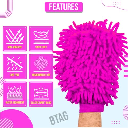 Image of Btag Double Sided Microfibre Wash Mitt Cleaning Gloves (2 Pcs, 2400 GSM, Size 26 X 19 Cm, Extra Large, Super Absorbent, Big Chenille Mitt Glove) (Pink)