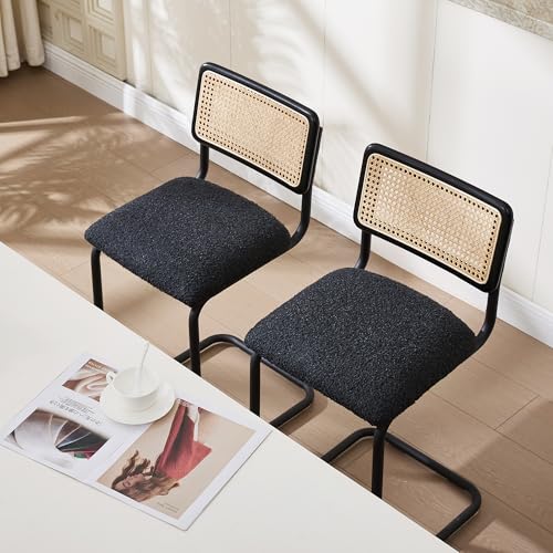 Image of Zesthouse Natural Rattan Counter Stools Set of 4, 26'' Mid Century Modern Counter Height Barstools with Solid Wood Back & Cane Mesh, Upholstered Black Boucle Bar Stools for Kitchen Island, Chrome Base