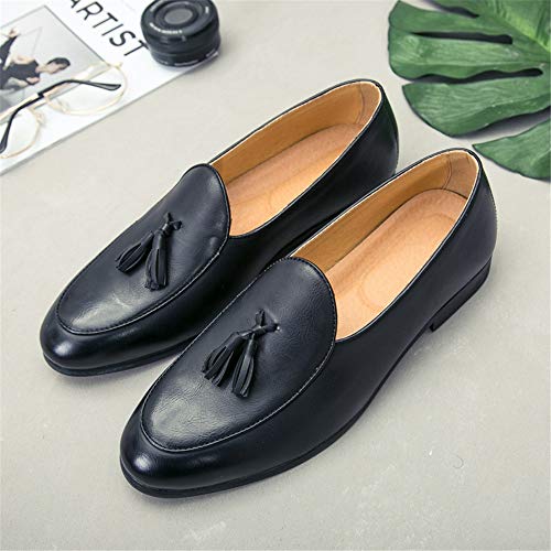 Loafer for Men Round Moc Toe Tassel Plain Low Block Heel Stitching Synthetic Leather Rubber Sole(Black,10 M US)3