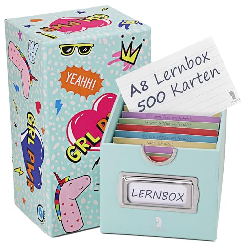 R&Ouml;SSLER Karteikarten Box A8 | Karteikasten zum lernen von Vokabeln - 500 Karteikarten + 10 Trennkarten | Mit Edelstahl Beschriftungsrahmen, Girffring & linierten 200g/m2 Lernkarten (Einhorn)