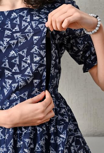 Image of Ichaa Women's Blue Cotton Printed Maternity Dress with Feeding Zips and Pocket| in Plus Sizes
