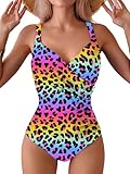 TASHEHE Women's One Piece Swimsuit Crisscross Tummy Control Bathing Suit High Waisted Ruched Classic Retro Swimwear - 423 / Rainbow Leopard - Large