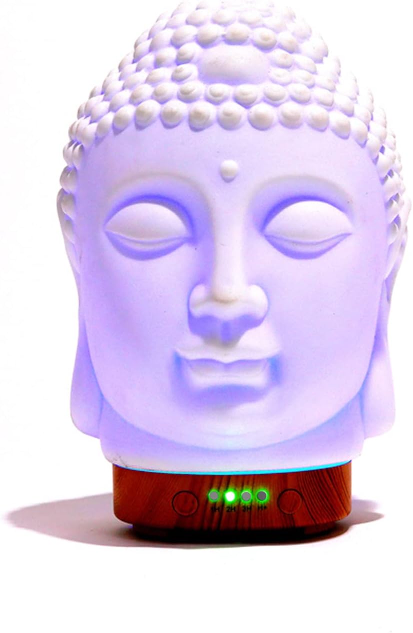 Buddha Essential Oil Diffuser - Aromatherapy Diffusers for Essential Oils - White Ceramic Diffuser Buddha Head Humidifier with 4 Timer & 7 Color Night Light Settings and Auto Off Function