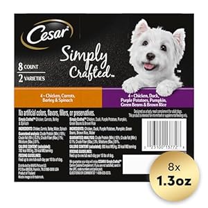 CESAR SIMPLY CRAFTED Grownup Moist Canine Meals Meal Topper Selection Pack, Rooster, Duck, Purple Potatoes, Pumpkin, Inexperienced Beans & Brown Rice and Rooster, Carrots, Barley & Spinach, 1.3 oz. Tubs, Pack of 8