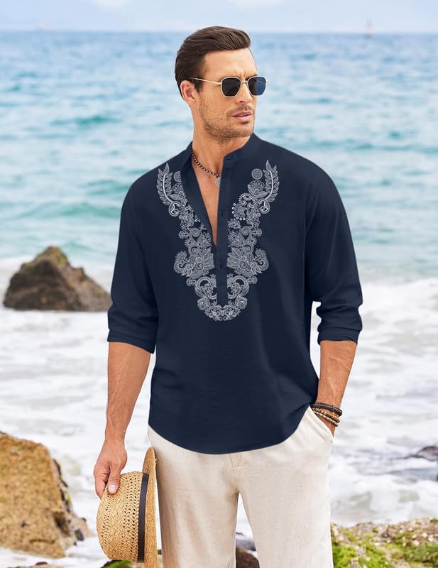 Image of FINIVO FASHION Men's Cotton Blend Short Kurta with Full Sleeves and Ethnic Neck Design | Casual Crinkle Texture Kurta with Mandarin Collar